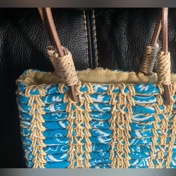 Ralph Lauren Polo Jean Co. Blue & White Bandanna Woven Straw Mini Bag - Picture 9 of 11